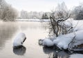 Frozen snowy river banks scenery