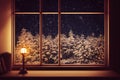frozen snowy winter scene at night through window