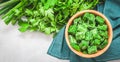 Frozen spinach cubes in a wooden bowl with fresh parsley and green onions on a light gray cement .