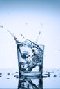 Frozen splashes of clean, spring water, in a glass with ice, Royalty Free Stock Photo