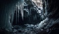 Frozen stalactite, icicle hangs in icy grotto generated by AI