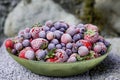 Frozen strawberries, black currants, blueberries, gooseberries, covered with hoarfrost on a gray background. Close-up Royalty Free Stock Photo