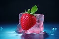 Frozen strawberry in an ice club on a blue background Royalty Free Stock Photo