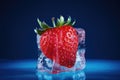 Frozen strawberry in an ice club on a blue background Royalty Free Stock Photo