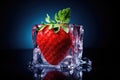 Frozen strawberry in an ice club on a neon background