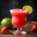 Frozen strawberry margarita garnished with a salt rim and a lime slice on dark background. Margarita with crushed ice. Summer red Royalty Free Stock Photo