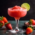 Frozen strawberry margarita garnished with a salt rim and a lime slice on dark background. Margarita with crushed ice. Red