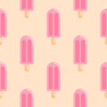 Frozen strawberry popsicles seamless pattern. Summer Ice lolly in flat style wallpaper. Pink ice cream backdrop