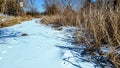 Frozen stream with animal tracks and a bird house Royalty Free Stock Photo