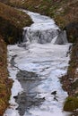 Frozen stream. Beautiful winter nature background. Frost, ice and snow in the winter