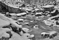 Frozen stream bed on a snowy winter day