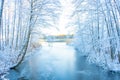 Frozen stream canal and trees with snow. Winter in scandinavia. Swedish landscape wallpaper. Nature Royalty Free Stock Photo