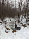 Snow-Covered Forest with a Frozen Stream and Culvert Amidst Bare Winter Trees Royalty Free Stock Photo