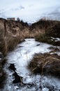 Frozen stream with Mount Olivia and snowy mountains in the background. Ushuaia Royalty Free Stock Photo