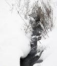 Frozen stream among snow-covered slopes, snowflakes