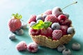 Frozen summer fruits with mint leaf served in waffle bowl Royalty Free Stock Photo