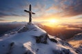 frozen summit cross in winter landscape AI generated