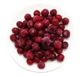 Frozen sweet cherries on white plate Royalty Free Stock Photo