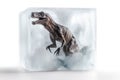 Frozen terrible giant dinosaur in an ice cube. The concept of cloning, restoration of extinct species.