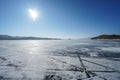 frozen blue Baikal lake in sunny blue sky in winter season