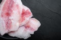 Frozen tilapia fish meat, on black background with copy space for text