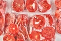 Frozen tomato slices are packed in plastic bag with zip lock