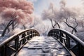 Frozen tranquility Botanical garden winter scene with a bridge, snow covered trees Royalty Free Stock Photo