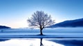 Frozen Tranquility: Winter Landscape with Sunrise and Frosty Tree by the Lake Royalty Free Stock Photo