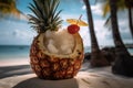 A frozen, tropical pina colada, served in a chilled, coconut shaped container, garnished with pineapple and cherry, and set