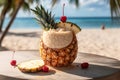 A frozen, tropical pina colada, served in a chilled, coconut shaped container, garnished with pineapple and cherry, and set