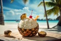 A frozen, tropical pina colada, served in a chilled, coconut shaped container, garnished with pineapple and cherry, and set