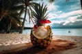 A frozen, tropical pina colada, served in a chilled, coconut shaped container, garnished with pineapple and cherry, and set