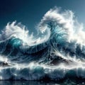 Frozen tsunami ocean wave, extreme cold snap winter, cold frozen and covered with ice