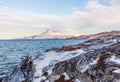Frozen tundra landscape with cold greenlandic sea and snow Sermitsiaq mountain in the background, nearby Nuuk city