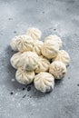 Frozen uncooked baozi dumplings stuffed with meat. Gray background. Top view