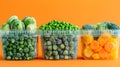 Frozen vegetable medley with brussels sprouts on orange background. Colored frozen veggies, including green peas and sliced Royalty Free Stock Photo
