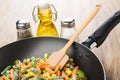 Frozen vegetable mix in frying pan, oil, salt, pepper Royalty Free Stock Photo