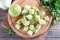 Frozen vegetable puree on table. Frozen zucchini puree cubes. Frozen Food Concept