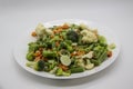 Frozen vegetables: cauliflower, green peas, leeks, broccoli, carrots, green beans on a white plate Royalty Free Stock Photo