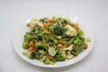 Frozen vegetables: cauliflower, green peas, leeks, broccoli, carrots, green beans on a white plate Royalty Free Stock Photo