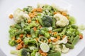 Frozen vegetables: cauliflower, green peas, leeks, broccoli, carrots, green beans on a white plate Royalty Free Stock Photo