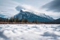 Frozen Vermillion Lake with Mount Rundle and snow covered in winter on sunny day at Banff national park Royalty Free Stock Photo