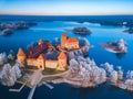 Trakai castle at winter, aerial view of the castle Royalty Free Stock Photo