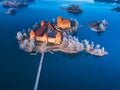 Trakai castle at winter, aerial view of the castle Royalty Free Stock Photo