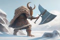 The Frozen Warrior - An Inuit Shaman Wielding a Giant Axe Against a Snow Landscape in a Medieval Fantasy World, Made with Generati