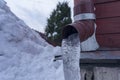 frozen water in downspout gutter of the roof drainage system with ice