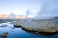 Frozen water and fumaroles at El Tatio Geysers in the Atacama desert