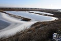 Frozen water, patterns of snow in small lakes. Royalty Free Stock Photo