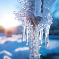 A frozen water pipe in winter, closeup, shallow depth of field. water tap covered with ice