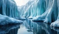 Frozen water stream flows. Ice formations create unique patterns. Blue ice reflects water. Winter landscape. Cold environment.